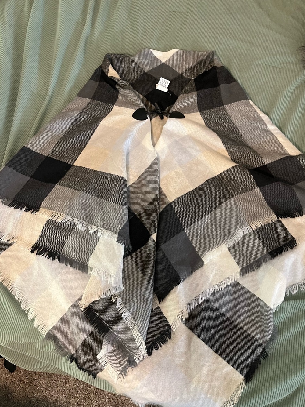 Plaid Hooded Toggle Cape in Gray & Black